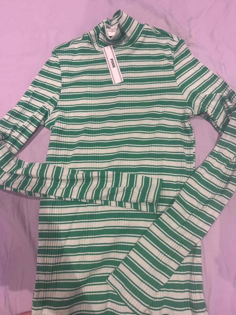 PINK Victoria's Secret Green and White Striped Ribbed Turtleneck